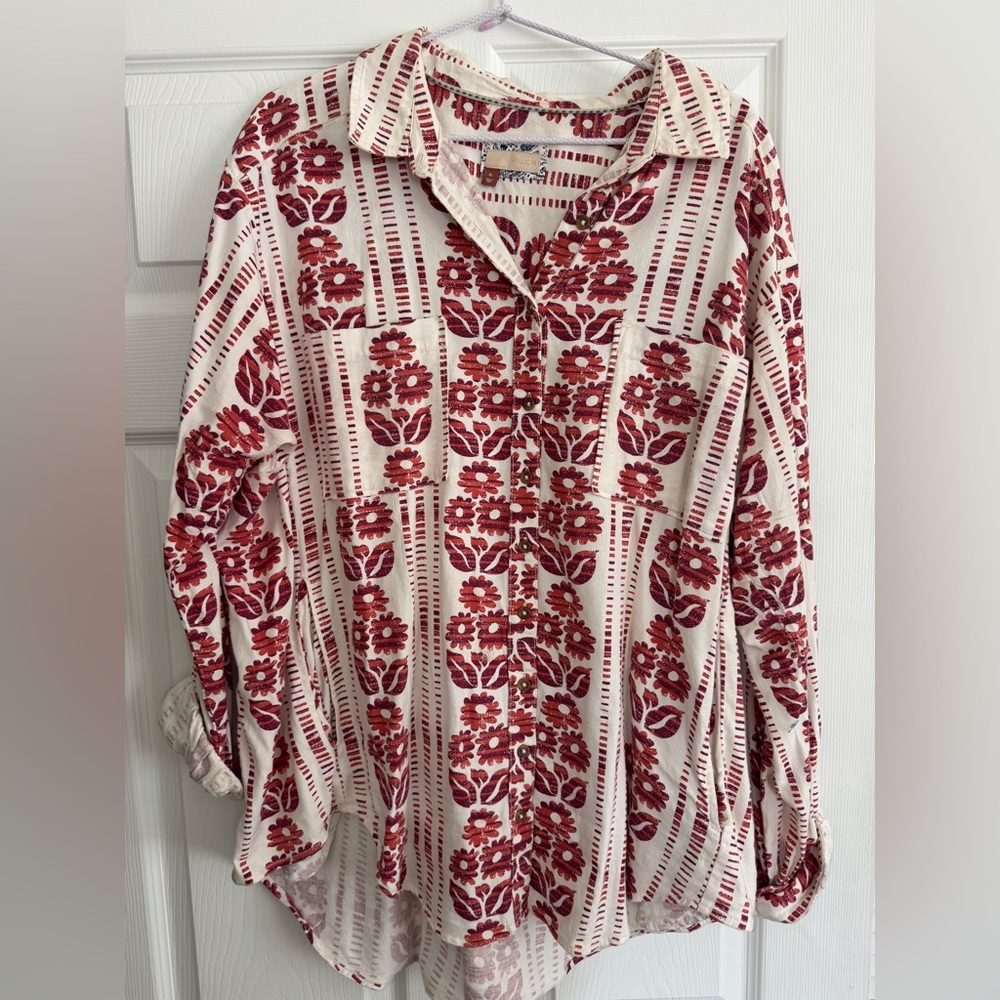 Pilcro by Anthropologie Floral Red and White Button-Up Shirt